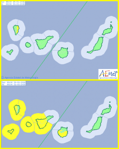 Gelber Alarm: am Freitag für Regen im Osten, am Samstag für Wind und Welle. Grafiken: AEMET